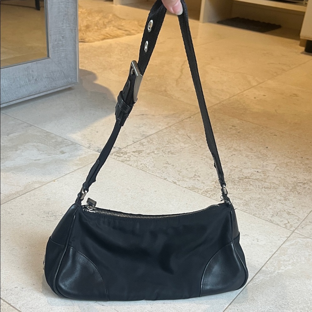 Vintage 2002 Prada Black Tessuto Nylon and Leather Shoulder Bag
